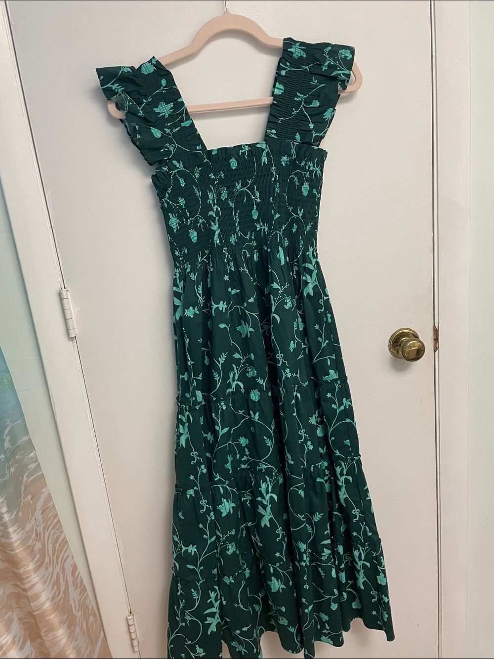 Dark Green Floral Smocked Maxi Dress with Ruffle Straps